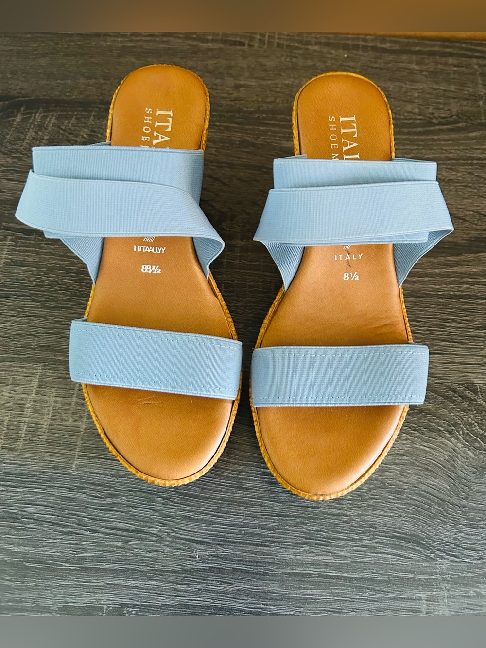 Italy-Made Light Blue Slide Sandals with Leather Footbed